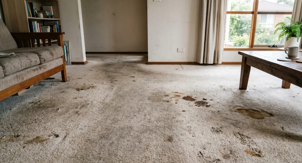 Sydney living-room carpet before professional cleaning, showing stains and traffic marks